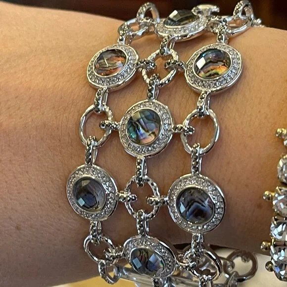 Silver Tone Hematite Labradorite CZ Cuff Bracelet